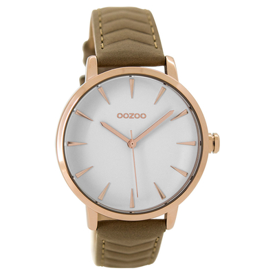 OOZOO Timepieces C9508 ladies watch with rose gold metallic frame and taupe leather strap