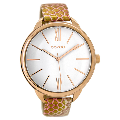 OOZOO Timepieces C9510 γυναικείο ρολόι XL με ροζ χρυσή μεταλλική κάσα και ροζ χρυσό snake δερμάτινο λουράκι