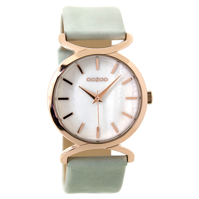 OOZOO Timepieces C9527 ladies watch with rose gold metallic frame and light blue leather strap