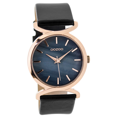 OOZOO Timepieces C9529 ladies watch with rose gold metallic frame and black leather strap
