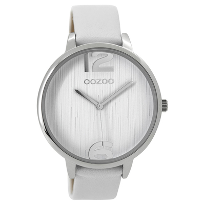 OOZOO Timepieces C9530 γυναικείο ρολόι XL με ασημί μεταλλική κάσα και λευκό δερμάτινο λουράκι