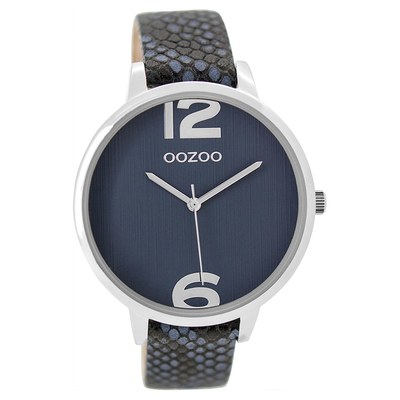 OOZOO Timepieces C9534 γυναικείο ρολόι XL με ασημί μεταλλική κάσα και σκούρο μπλε snake δερμάτινο λουράκι