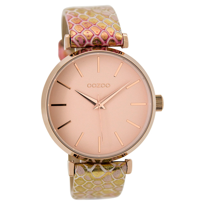 OOZOO Timepieces C9537 ladies watch with rose gold metallic frame and pink snake leather strap