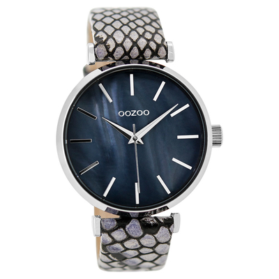 OOZOO Timepieces C9538 ladies watch with silver metallic frame and silver blue snake leather strap