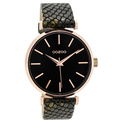OOZOO Timepieces C9539 ladies watch with rose gold metallic frame and black snake leather strap