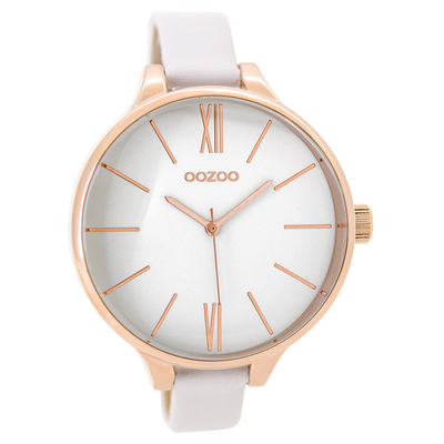 OOZOO Timepieces C9540 γυναικείο ρολόι XL με ροζ χρυσή μεταλλική κάσα και λευκό δερμάτινο λουράκι