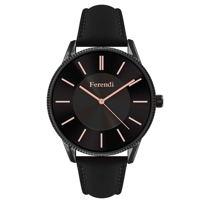 Ferendi watch 7160B-11 with black alloy frame and leather strap. This watch belongs to Ferendi Black Velvet Collection.
