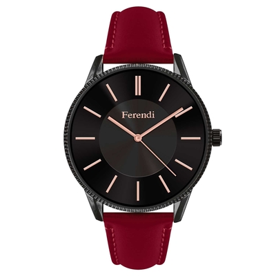 Ferendi watch 7160B-19 with black alloy frame and leather strap. This watch belongs to Ferendi Black Velvet Collection.