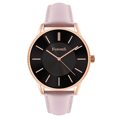 Ferendi watch 7160R-17 with rose gold alloy frame and leather strap. This watch belongs to Ferendi Black Velvet Collection.
