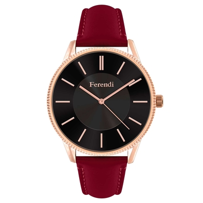 Ferendi ρολόι 7160R-19 με ροζ χρυσό alloy πλαίσιο και δερμάτινο λουράκι. Το ρολόι αυτό ανήκει στην Black Velvet Collection της Ferendi.