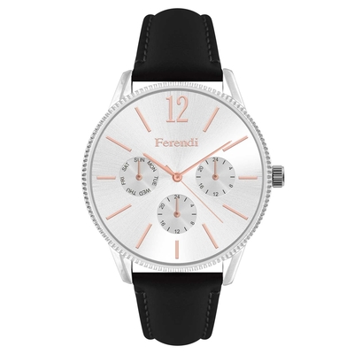 Ferendi watch 7160S-21 with silver alloy frame and leather strap. This watch belongs to Ferendi Symmetry Collection.