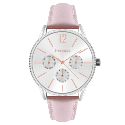 Ferendi watch 7160S-27 with silver alloy frame and leather strap. This watch belongs to Ferendi Symmetry Collection.