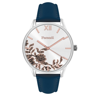 Ferendi watch 7160S-34 with silver alloy frame and leather strap. This watch belongs to Ferendi Blossom Collection.
