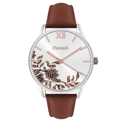 Ferendi watch 7160S-38 with silver alloy frame and leather strap. This watch belongs to Ferendi Blossom Collection.