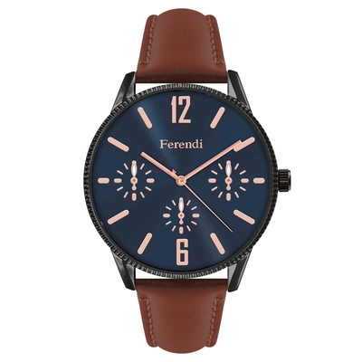Ferendi watch 7160B-48 with black alloy frame and leather strap. This watch belongs to Ferendi Skyline Collection.