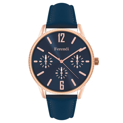 Ferendi ρολόι 7160R-44 με ροζ χρυσό alloy πλαίσιο και δερμάτινο λουράκι. Το ρολόι αυτό ανήκει στην Skyline Collection της Ferendi.