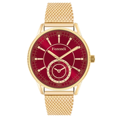 Ferendi watch 7160G-125 with gold alloy frame and metallic strap. This watch belongs to Ferendi Mystique Collection.
