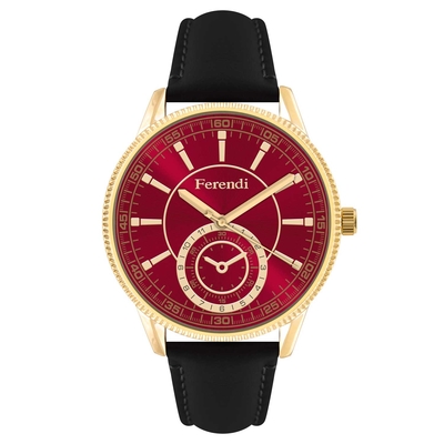 Ferendi ρολόι 7160G-51 με χρυσό alloy πλαίσιο και δερμάτινο λουράκι. Το ρολόι αυτό ανήκει στην Mystique Collection της Ferendi.