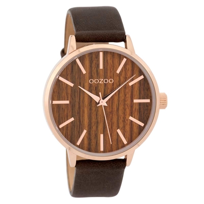 OOZOO Timepieces C9253 ladies watch with rose gold metallic frame, wooden dial and brown leather strap