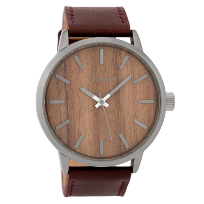 OOZOO Timepieces C9258 ανδρικό ρολόι XL με γκρι μεταλλική κάσα, ξύλινο καντράν και σκούρο καφέ δερμάτινο λουράκι