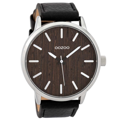 OOZOO Timepieces C9259 gents watch XL with silver metallic frame, wooden dial and black leather strap