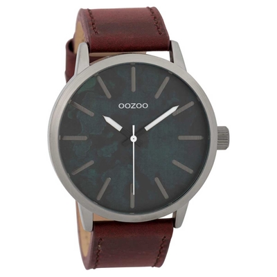 OOZOO Timepieces C9603 ανδρικό ρολόι XL με σκούρο ασημί μεταλλική κάσα και κόκκινο καφέ δερμάτινο λουράκι