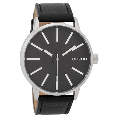 OOZOO Timepieces C9608 ανδρικό ρολόι XL με ασημί μεταλλική κάσα και μαύρο δερμάτινο λουράκι