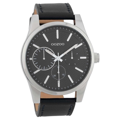 OOZOO Timepieces C9619 ανδρικό ρολόι XL με ασημί μεταλλική κάσα και μαύρο δερμάτινο λουράκι