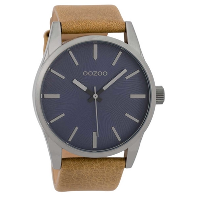 OOZOO Timepieces C9625 ανδρικό ρολόι XL με σκούρο ασημί μεταλλική κάσα και κάμελ δερμάτινο λουράκι