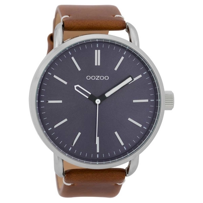 OOZOO Timepieces C9630 ανδρικό ρολόι XL με ασημί μεταλλική κάσα και καφέ δερμάτινο λουράκι