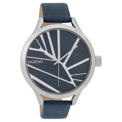 OOZOO Timepieces C9681 ladies watch with silver metallic frame and dark blue leather strap