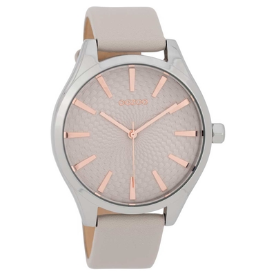 OOZOO Timepieces C9685 ladies watch with silver metallic frame and grey leather strap