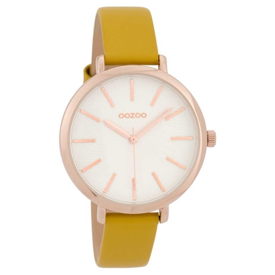 OOZOO Timepieces C9697 γυναικείο ρολόι με ροζ χρυσή μεταλλική κάσα και μουσταρδί δερμάτινο λουράκι