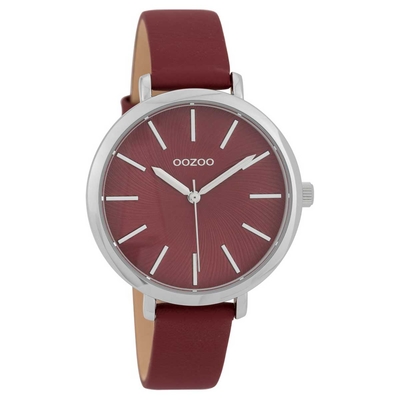 OOZOO Timepieces C9698 ladies watch with silver metallic frame and burgundy leather strap
