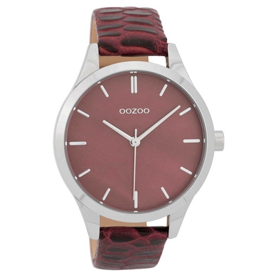 OOZOO Timepieces C9722 ladies watch with silver metallic frame and burgundy croco leather strap