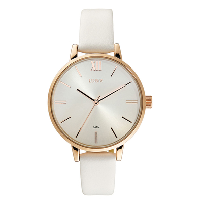 Loisir Watch 11L65-00187 with rose gold case and leather strap.
