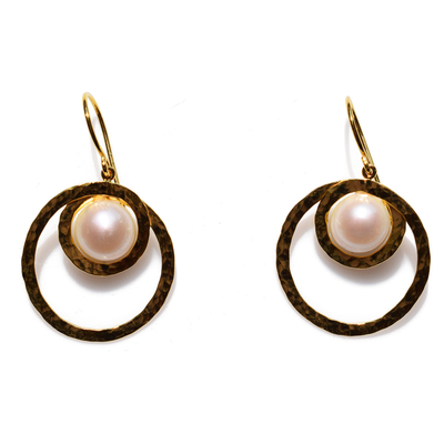 Handmade sterling silver earrings Eight-Earrings-ER-00391 hoops with gold plating and semi-precious stones (pearls)