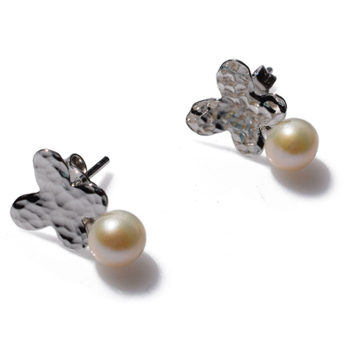 Handmade sterling silver earrings Eight-Earrings-ER-00405 butterflies with rhodium plating and semi-precious stones (pearls)