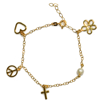 Handmade sterling silver bracelet Eight-Bracelet-BR-00039 cross flower heart with gold plating and semi-precious stones (pearls)