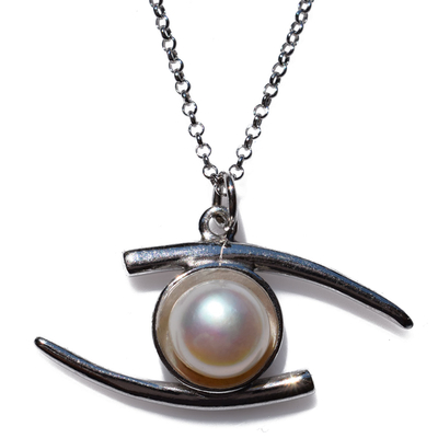 Handmade sterling silver necklace Eight-Necklace-NK-00398 eye with rhodium plating and semi-precious stones (pearls)
