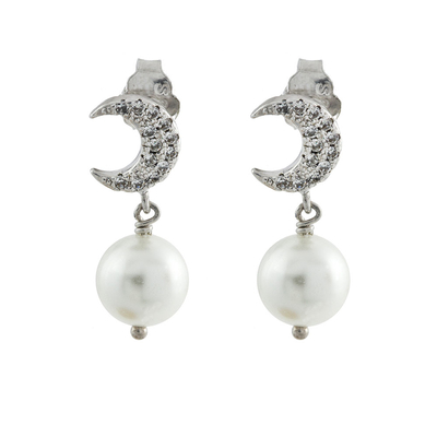 Oxette Sterling Silver Earrings 03X01-02679 Moon with Platinum Plating and semi precious stones (pearls and quartz crystals)