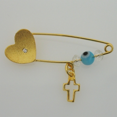 Χειροποίητη παιδική παραμάνα IJ-070098B καρδιά σταυρός από επιχρυσωμένο ασήμι 925ο με ημιπολύτιμες πέτρες (ζιργκόν, κρύσταλλοι και ματάκι)