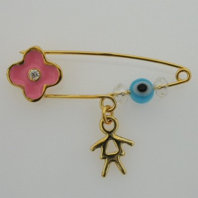 Handmade Sterling Silver Baby Child Brooch IJ-070113B cross girl with Gold Plating and Precious Stones (Enamel, Zirconia, Crystals and Eye)