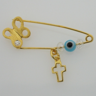Χειροποίητη παιδική παραμάνα IJ-070114B πεταλούδα σταυρός από επιχρυσωμένο ασήμι 925ο με ημιπολύτιμες πέτρες (ζιργκόν, κρύσταλλοι και ματάκι)