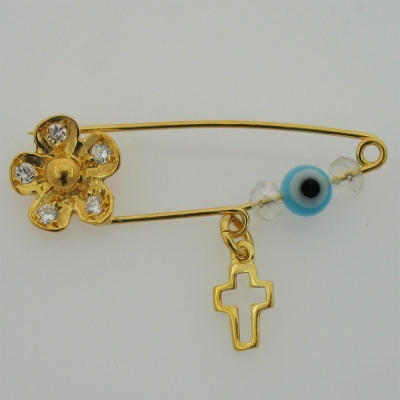Handmade Sterling Silver Baby Child Brooch IJ-070116B flower cross with Gold Plating and Precious Stones (Zirconia, Crystals and Eye)