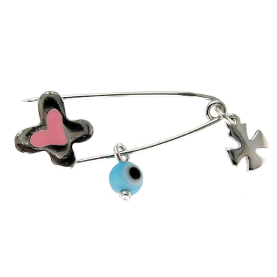 Handmade Sterling Silver Baby Child Brooch IJ-070071A butterfly heart cross with Platinum Plating and Precious Stones (Enamel and Eye)