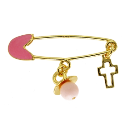 Handmade Sterling Silver Baby Child Brooch IJ-070162B pacifier cross with Gold Plating and Precious Stones (Enamel and Coral)