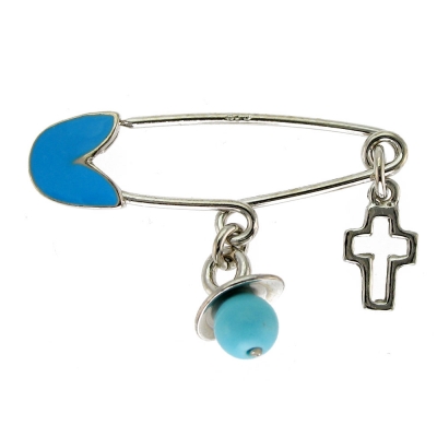 Handmade Sterling Silver Baby Child Brooch IJ-070162E pacifier cross with Platinum Plating and Precious Stones (Enamel and Turquoise)