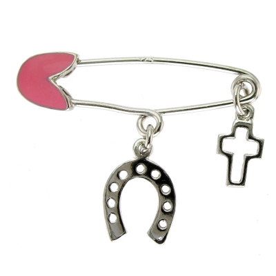 Handmade Sterling Silver Baby Child Brooch IJ-070165A horseshoe cross with Platinum Plating and Precious Stones (Enamel)