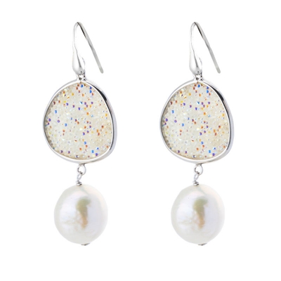 Oxette Sterling Silver Earrings 03X01-02915 with Platinum Plating and semi precious stones (pearls and quartz crystals)